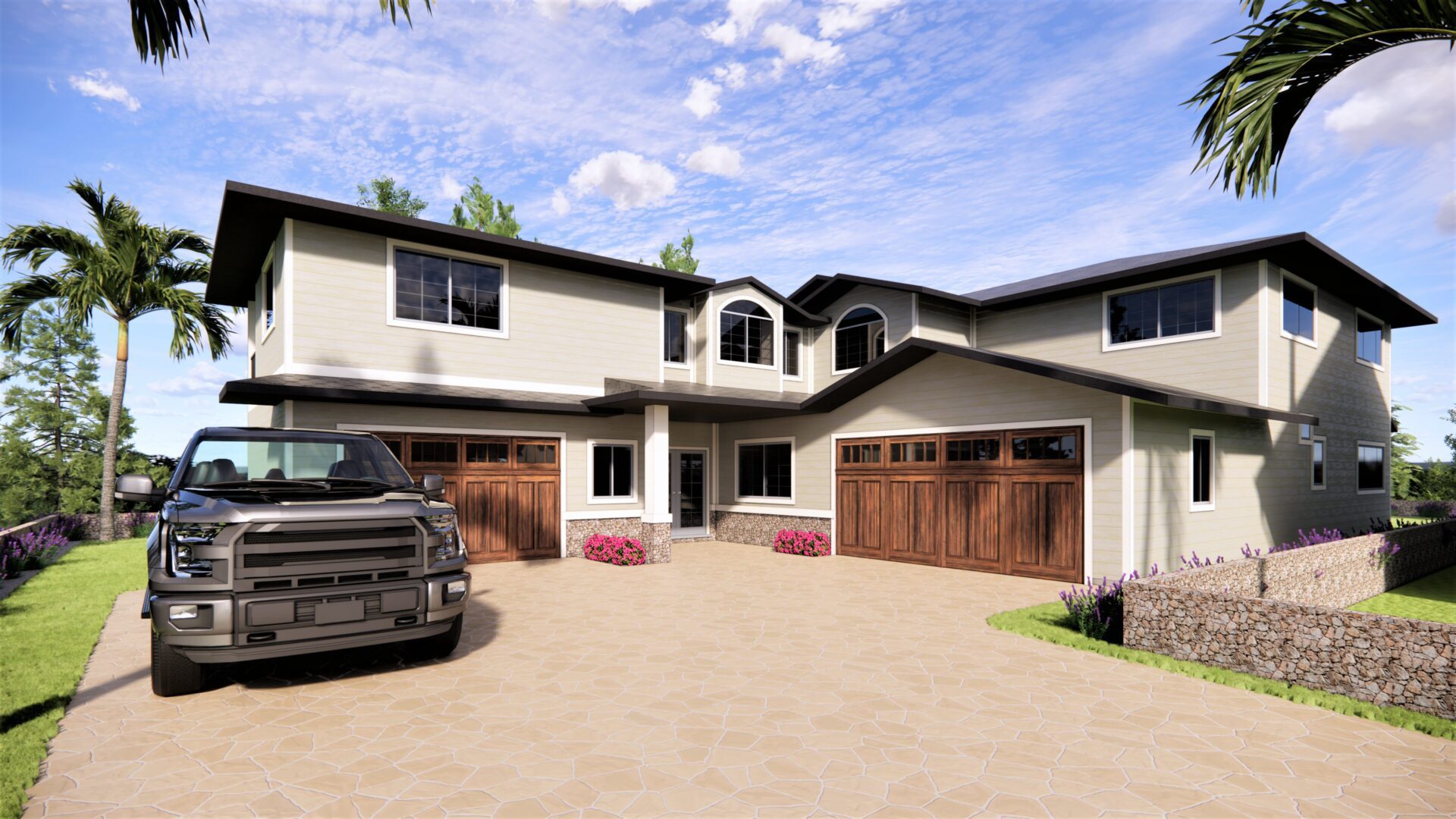 A large house with two cars parked in front of it.