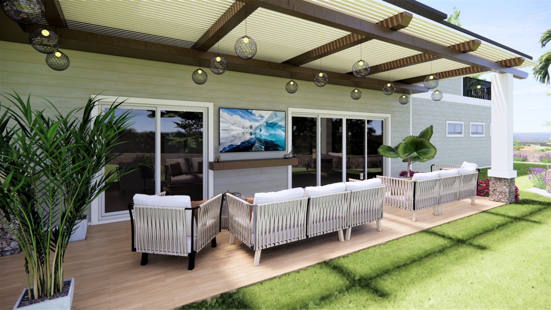 A patio with white furniture and sliding glass doors.