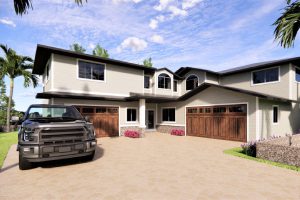 A truck parked in front of two large houses.