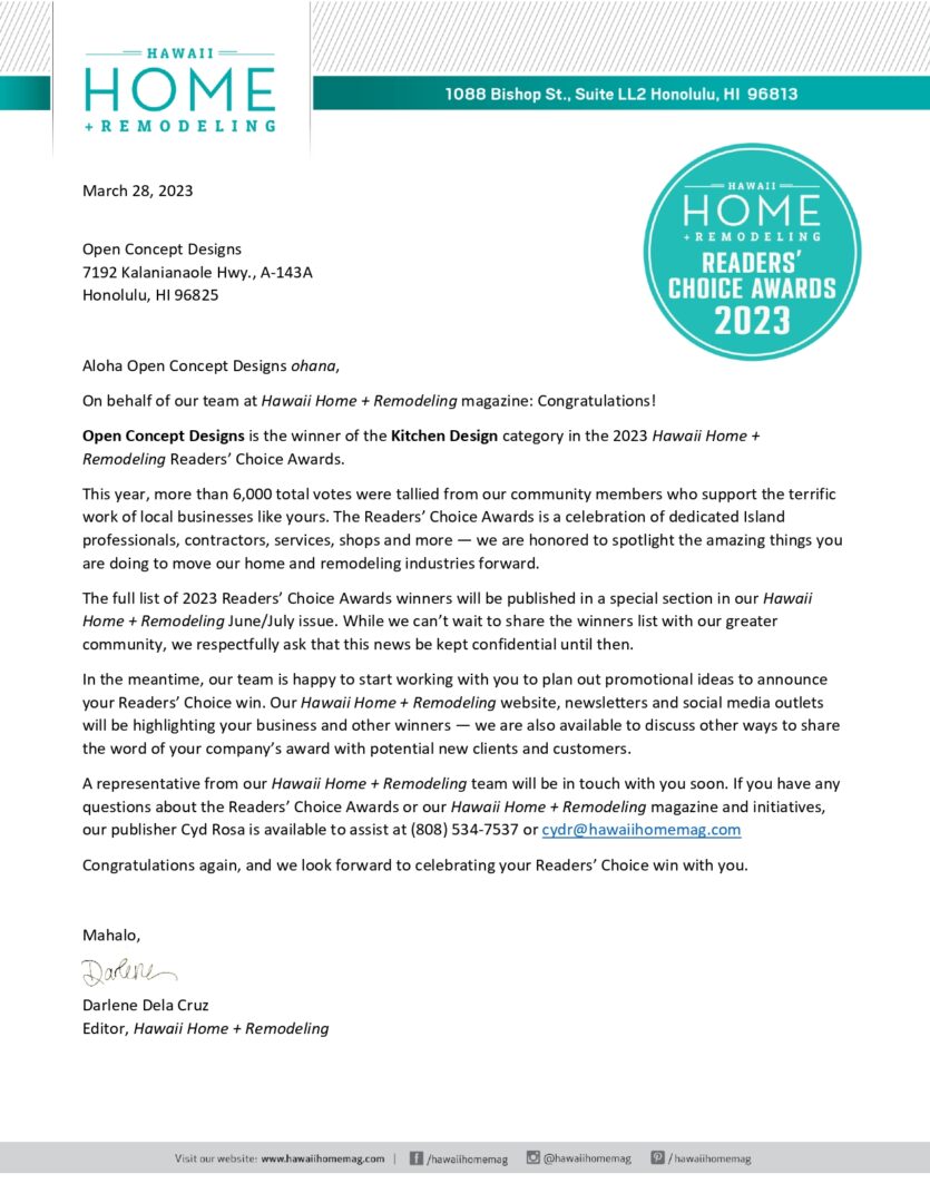 A letter from the home builders choice awards